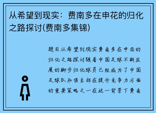 从希望到现实：费南多在申花的归化之路探讨(费南多集锦)