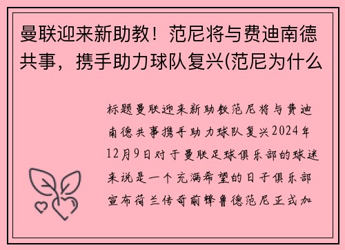 曼联迎来新助教！范尼将与费迪南德共事，携手助力球队复兴(范尼为什么被曼联赶走)