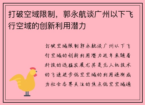 打破空域限制，郭永航谈广州以下飞行空域的创新利用潜力