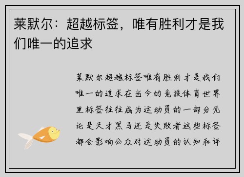 莱默尔：超越标签，唯有胜利才是我们唯一的追求