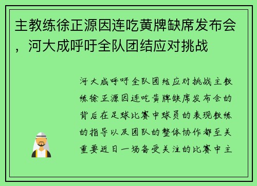 主教练徐正源因连吃黄牌缺席发布会，河大成呼吁全队团结应对挑战